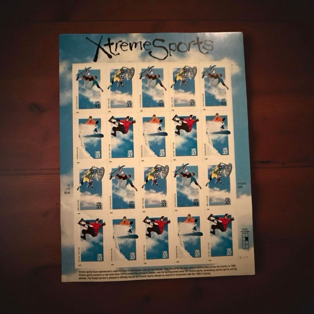 Scott ‘99 #3321 Extreme Sports Pane of 33 Cent Sticker Sheet of 20 Stamps UNUSED